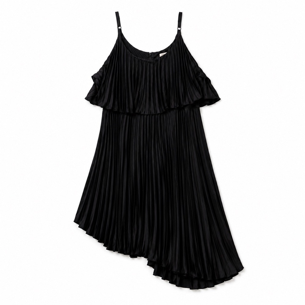 Refinity City Chic Black Pleated Cold Shoulder Asymmetrical Midi Dress XXL